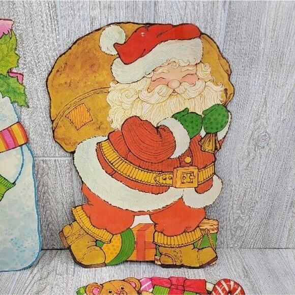 Vintage Christmas Diecut 2 Sided Wall Window Snowman Angel Santa Stocking 4pc - Picture 5 of 11
